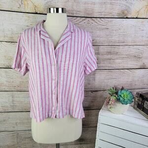 Universal Thread Women's Striped Button Front Cropped Top Pink White Size Medium
